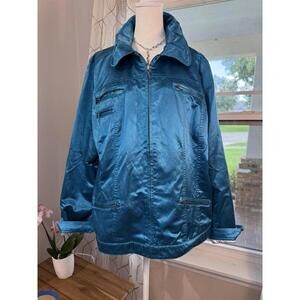 VTG Chicos Jacket Womens SZ 3 Blue Satin Full Zip Pockets Lightweight Shiny Coat
